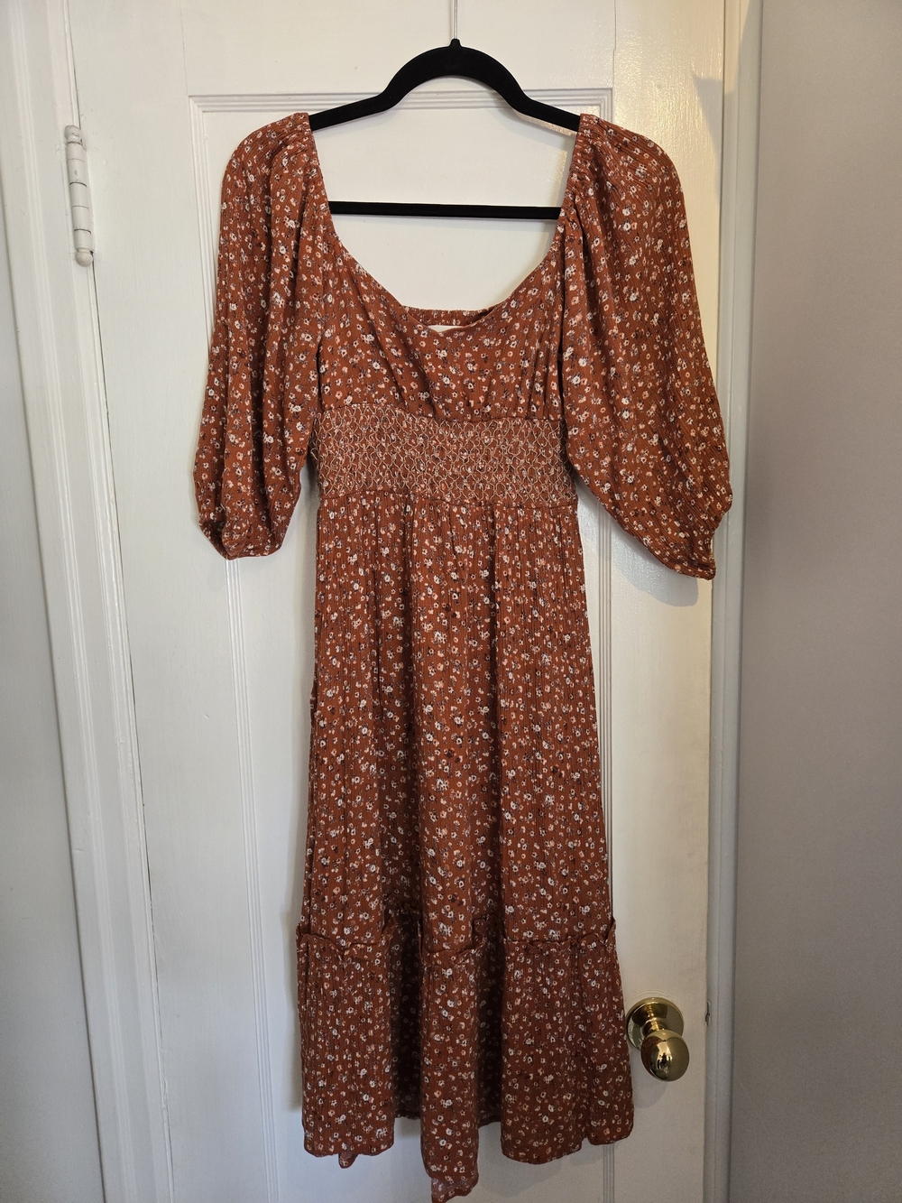 Rust Floral Smocked Midi Dress